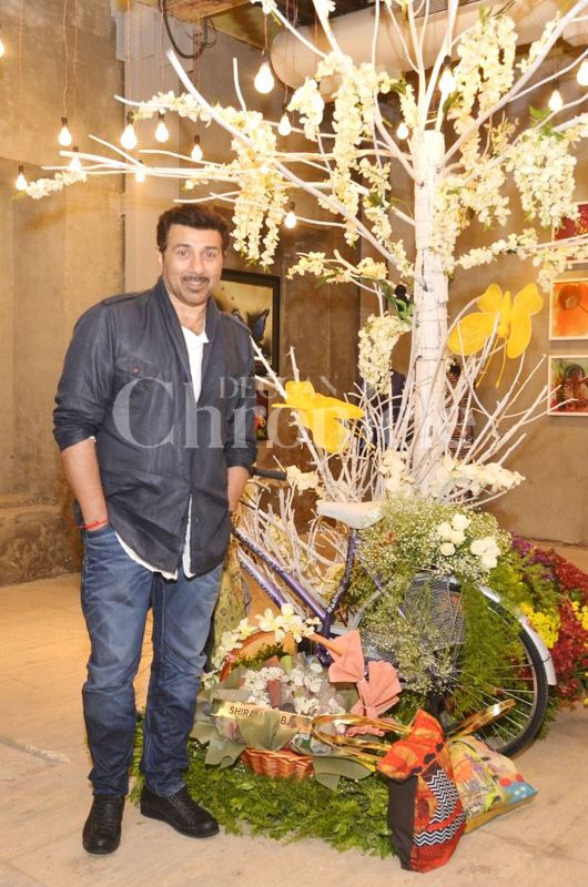 Sunny Deol poses besides an instalation artwork at an art gallery.