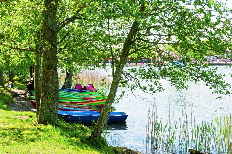 Colorful boats on lake Galve Trakai 