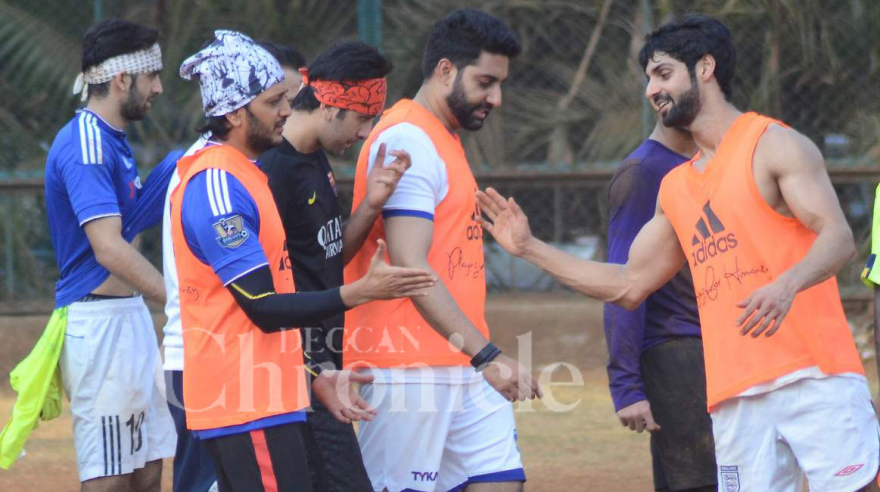 Riteish joins Ranbir and Abhishek for a friendly football match Riteish joins Ranbir and Abhishek for a friendly football match