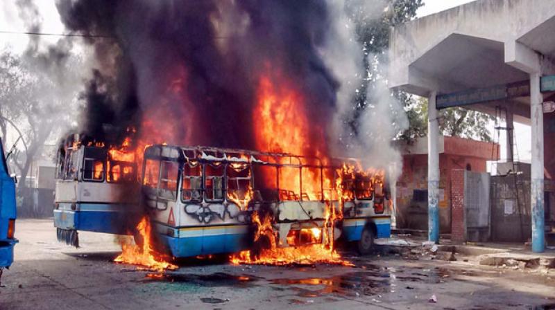 Buses were set on fire as the Jat agitation for reservation intensified in Sonipat. (Photo: PTI)