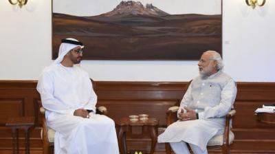 Prime Minister Narendra Modi with Crown Prince of Abu Dhabi Sheikh Mohammed bin Zayed Al Nahyan in New Delhi. (Photo: Twitter)