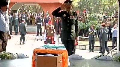 Mortal remains of Lance Naik Hanamanthappa were brought to Brar Square, Delhi as nation paid tributes. (Photo: Twitter)