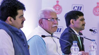 Haryana CM Manohar Lal Khattar addresses a campaign in the city on Wednesday to promote the investors’ summit at Gurgaon during March 7-8. (Photo: DC)