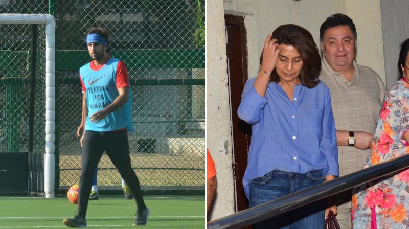 Ranbir Kapoor enjoys a game of soccer; Rishi-Neetu head out for movie