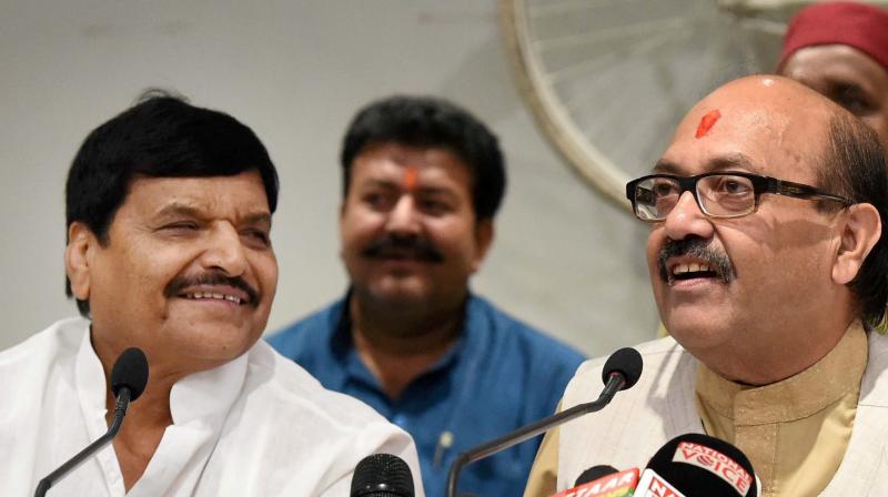 Samajwadi Party Rajya Sabha MP Amar Singh with Uttar Pradesh PWD Minister Shivpal Singh Yadav addresses a press conference at party office in Lucknow.  (Photo: PTI)