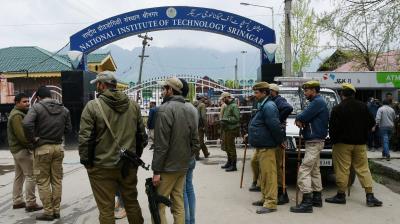 Police and CRPF deployed at National Institute of Technology (NIT) following tension between local and non-local students in Srinagar. (Photo: PTI)