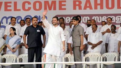 Congress vice president Rahul Gandhi waves to crowd at a party rally in Thiruvananthapuram. (Photo: PTI)