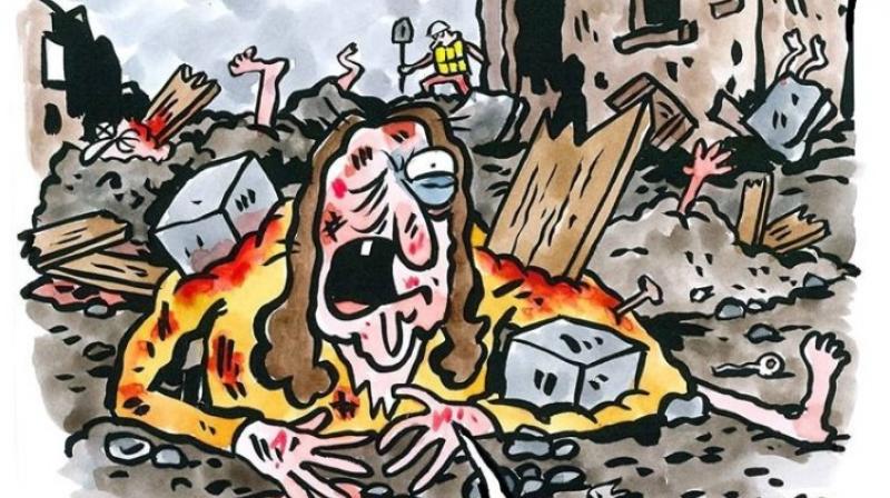 Prosecutors will decide whether the defamation complaint has merit. Theyre already investigating why so many buildings collapsed. (Charlie Hebdo Facebook) Prosecutors will decide whether the defamation complaint has merit. Theyre already investigating why so many buildings collapsed. (Charlie Hebdo Facebook)