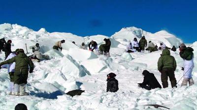 Specialised rescue teams carry out the operations to search for the bodies of the soldiers hit by an avalanche, in Siachen  