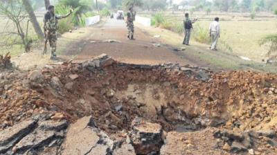 Landmine blast by Naxals left a massive four-feet deep crater on the road in Dantewada. (Photo: DC)