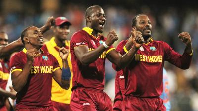 West Indies players celebrate after their seven wicket win over India in their ICC World Twenty20 2016 cricket semifinal match at Wankhede stadium in Mumbai, India,Thursday (Photo: AP) 