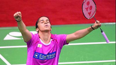 Saina Nehwal celebrates her 19-21, 21-14, 21-19 victory over Sung Ji Heun in the quarterfinals of the India Open Superseries in New Delhi on Friday. (Photo: AFP)