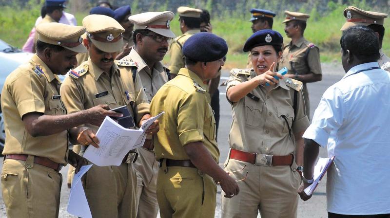 Kozhikode City Police Commissioner Uma Behra inspects the security arrangements at Vikram Maidan near West Hill in Kozhikode on Friday.(Photo: Venugopal)