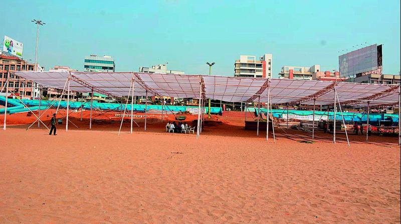 Sands of Ramakrishna Beach decking up for the upcoming National Beach Kabbadi championships in Visakhapatnam on Thursday. 	(Photo: DECCAN CHRONICLE)