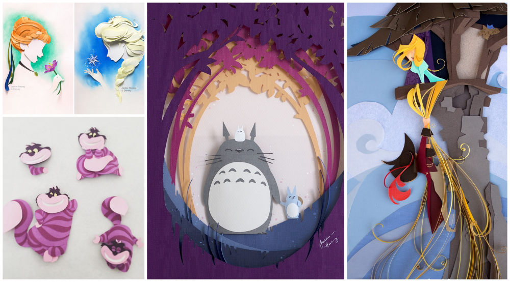 artist makes popular disney characters from layers of paper