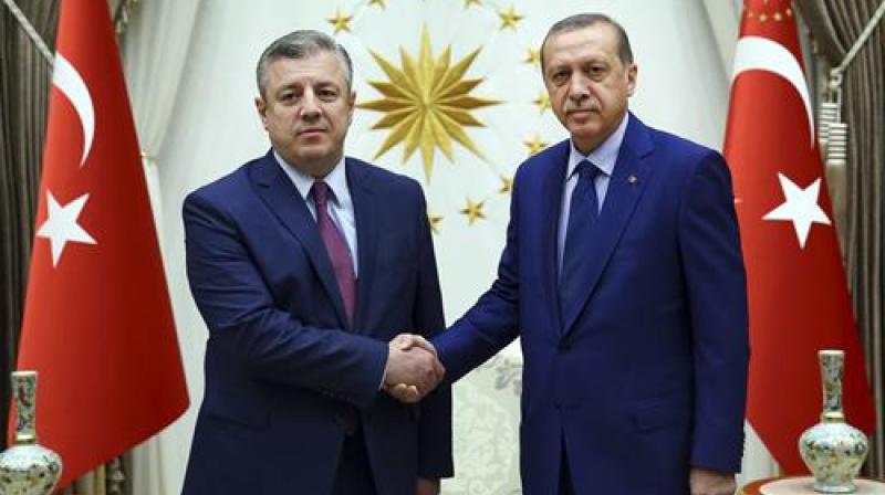 Erdogan also held his first international bilateral meeting, hosting Georgian PM Giorgi Kvirikashvili for talks at his presidential palace in Ankara. (Photo: AP) Erdogan also held his first international bilateral meeting, hosting Georgian PM Giorgi Kvirikashvili for talks at his presidential palace in Ankara. (Photo: AP)