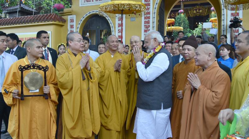 Prime Minister Narendra Modi visiting the Quan Su Pagoda in Hanoi, Vietnam, on Saturday. (Photo: PIB) Prime Minister Narendra Modi visiting the Quan Su Pagoda in Hanoi, Vietnam, on Saturday. (Photo: PIB)