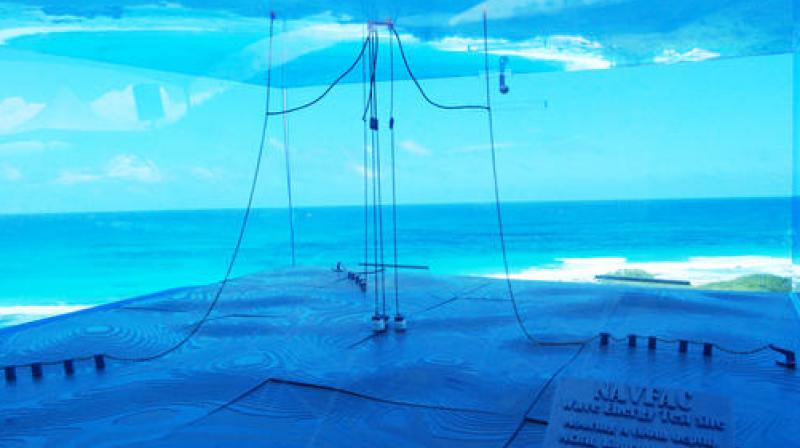 In this July 26, 2016 photo, a model of a wave energy test site at Kaneohe Bay on Oahu in Hawaii shows undersea cables that hold machinery in place. In this July 26, 2016 photo, a model of a wave energy test site at Kaneohe Bay on Oahu in Hawaii shows undersea cables that hold machinery in place.