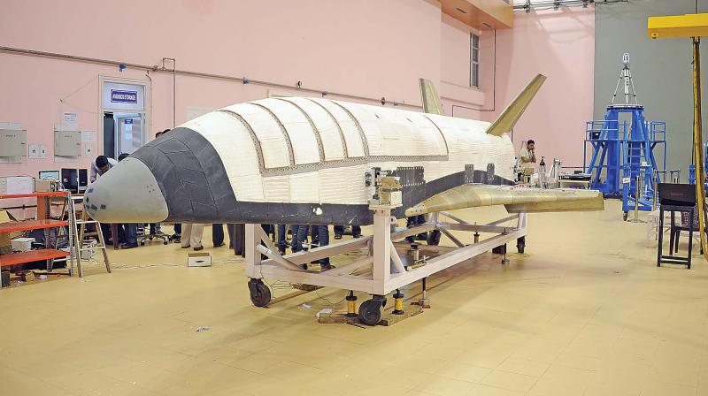 The 6.5 metre long Re-usable Launch Vehicle - Technology Demonstrator (RLV-TD) which weighs about 1.75 tonne at Vikram Sarabhai Space Centre, Thiruvananthapuram, before it was taken for the launch at Satish Dhawan Space Centre at Sriharikota. The 6.5 metre long Re-usable Launch Vehicle - Technology Demonstrator (RLV-TD) which weighs about 1.75 tonne at Vikram Sarabhai Space Centre, Thiruvananthapuram, before it was taken for the launch at Satish Dhawan Space Centre at Sriharikota.