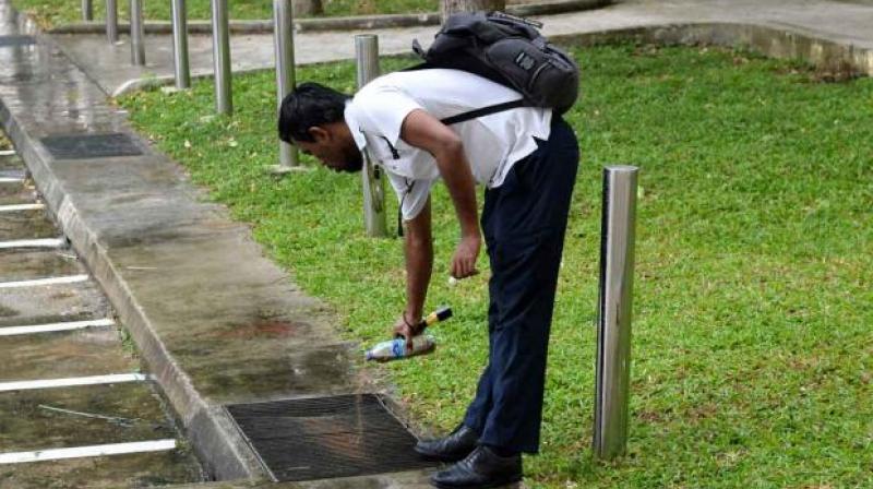 A National Environmental Agency (NEA) scatters mosquito pellets in drainage. (Photo: AFP) A National Environmental Agency (NEA) scatters mosquito pellets in drainage. (Photo: AFP)